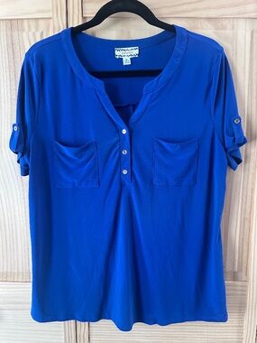 Corvia XL Royal Blue Stretch Tunic Top V Neck with Decorative Button Tabs